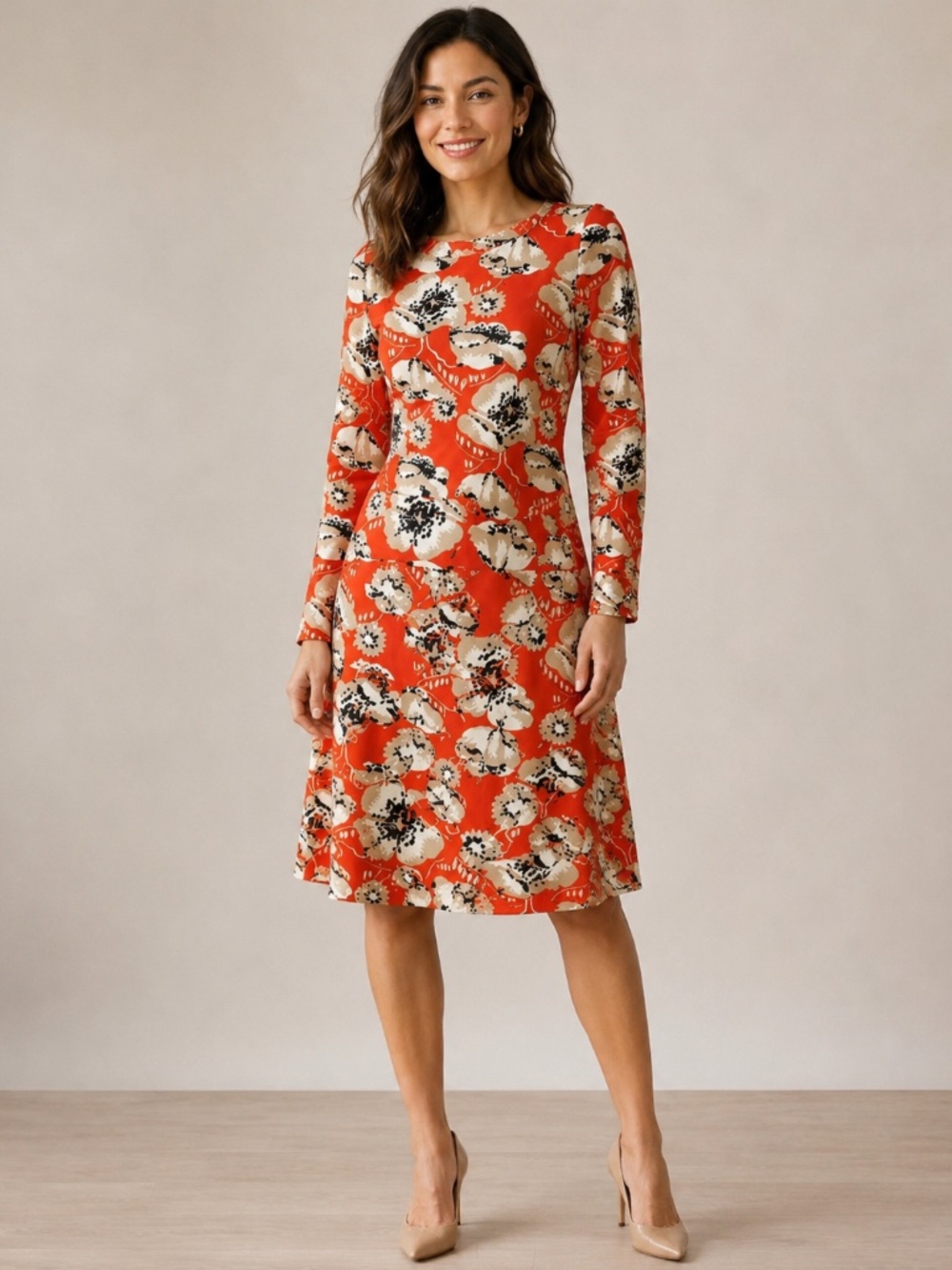 Tory Burch 100% Silk Floral Long Sleeve Dress Orange Size S